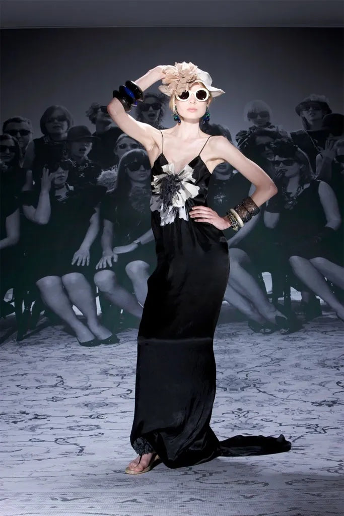 Lanvin Alber Elbaz 2010 Long Train Satin Black Dress Gown fabric flower
