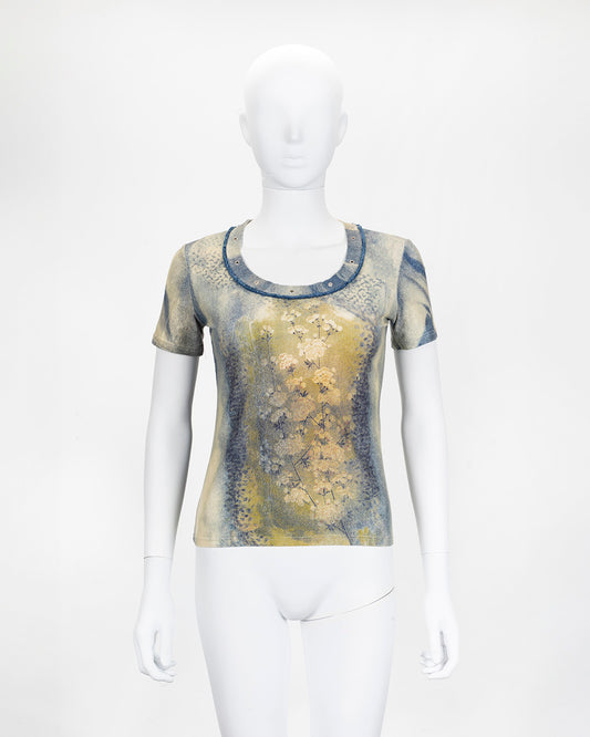 Unusual Print T-Shirt Flower Print Round Neck Eyelet Detail