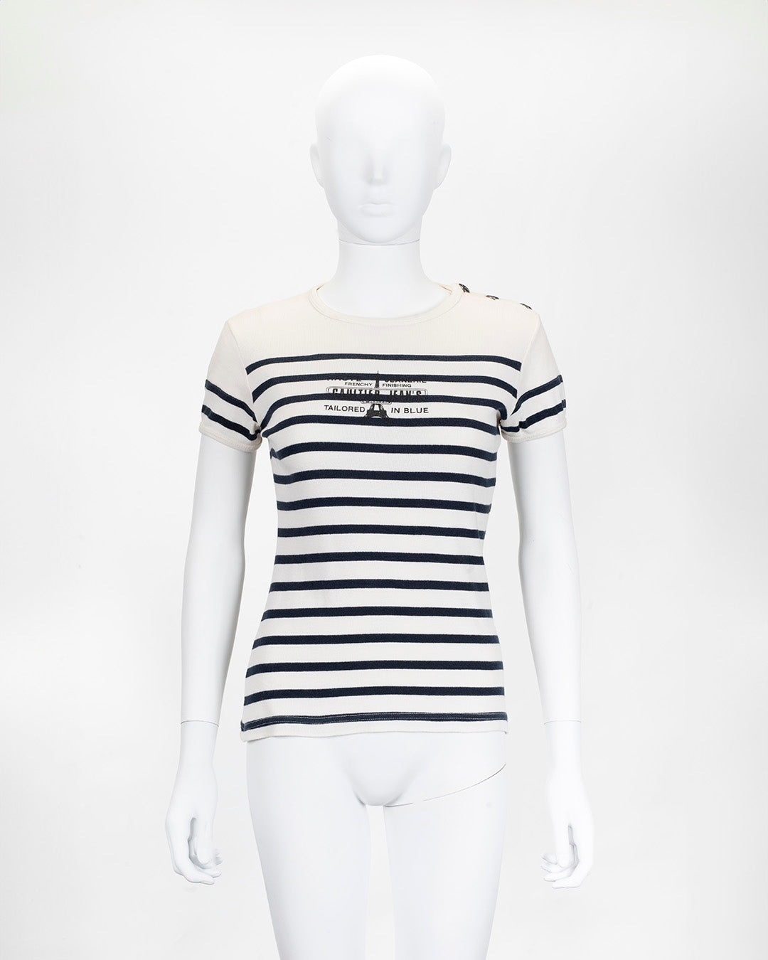 Vintage Jean Paul Gaultier White & Black Striped Knit T-Shirt Button Detail