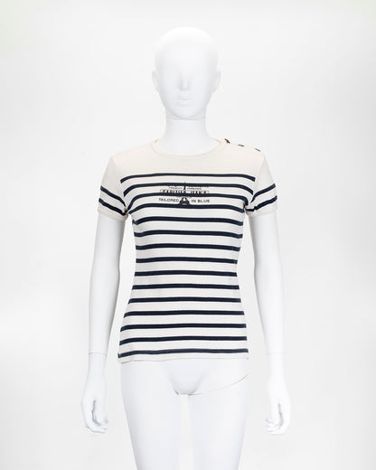 Vintage Jean Paul Gaultier White & Black Striped Knit T-Shirt Button Detail