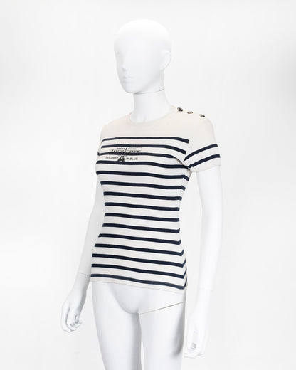 Vintage Jean Paul Gaultier White & Black Striped Knit T-Shirt Button Detail