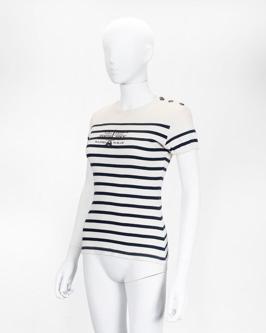 Vintage Jean Paul Gaultier White & Black Striped Knit T-Shirt Button Detail