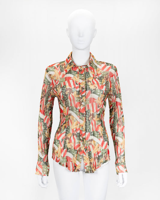 Sheer Pleated Vintage Shirt with Pin-Up Girl and American Flag Print