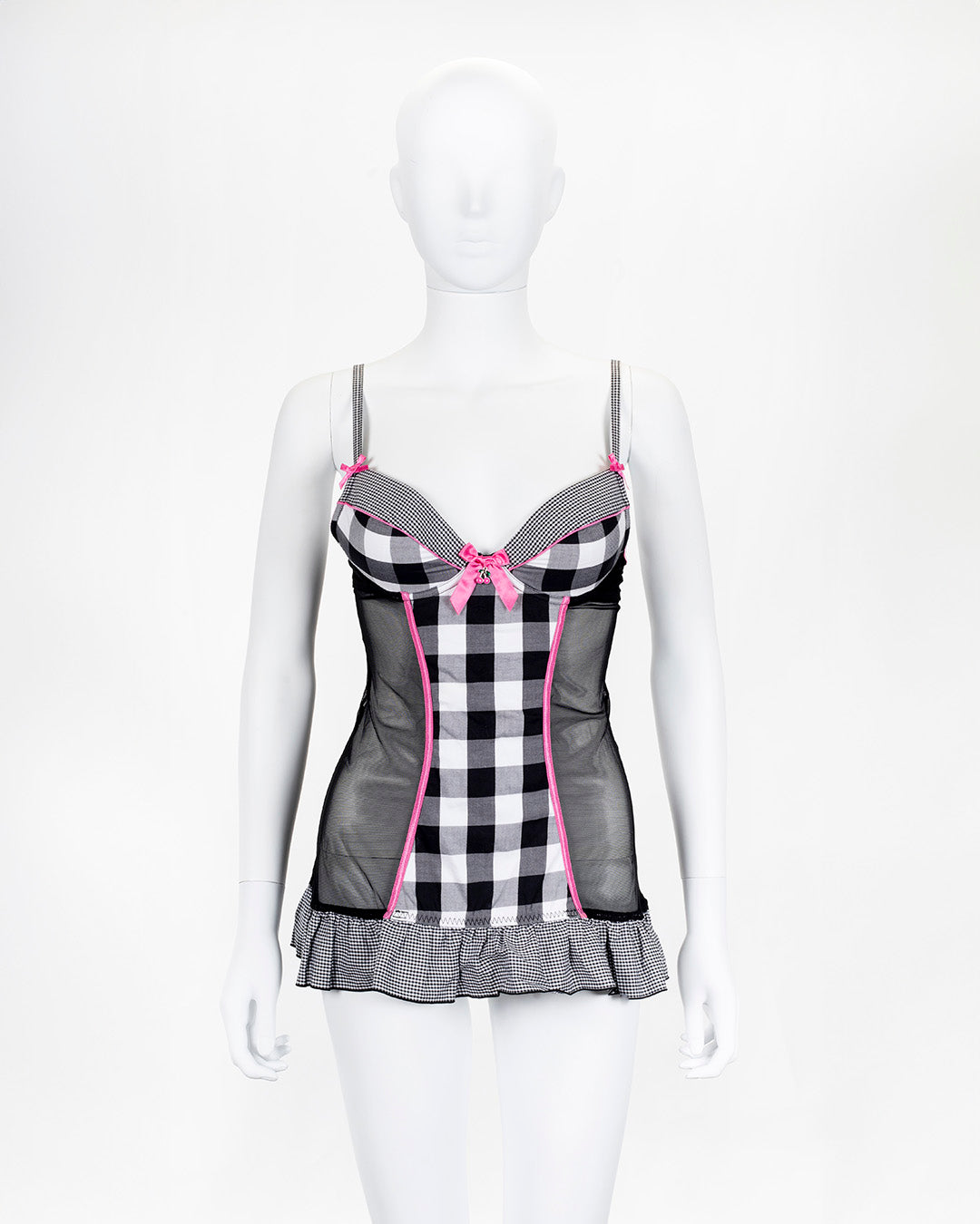 Plaid Black & Pink Lingerie Corset Top (Bow Detail)