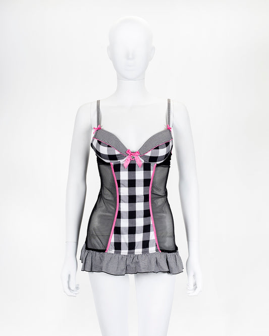 Plaid Black & Pink Lingerie Top Bow Detail