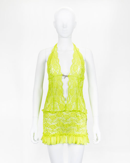 Lace Acid Yellow Lingerie Dress Diamonte Detail