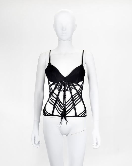 Black Unusual Corset Boustier Top Feather Detail