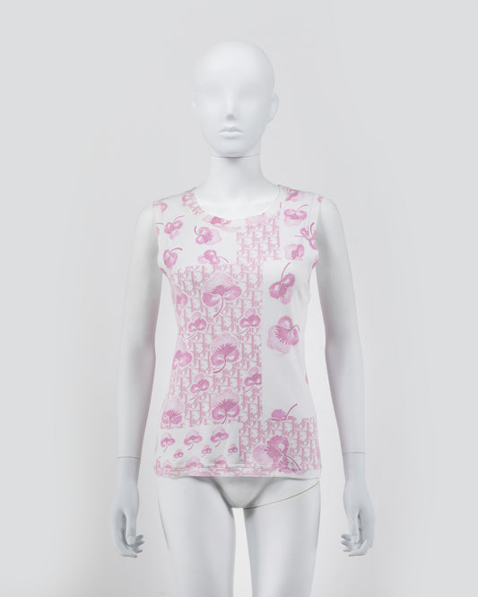 Christian Dior by John Galliano Cherry Monogram Print Baby Pink Tank Top