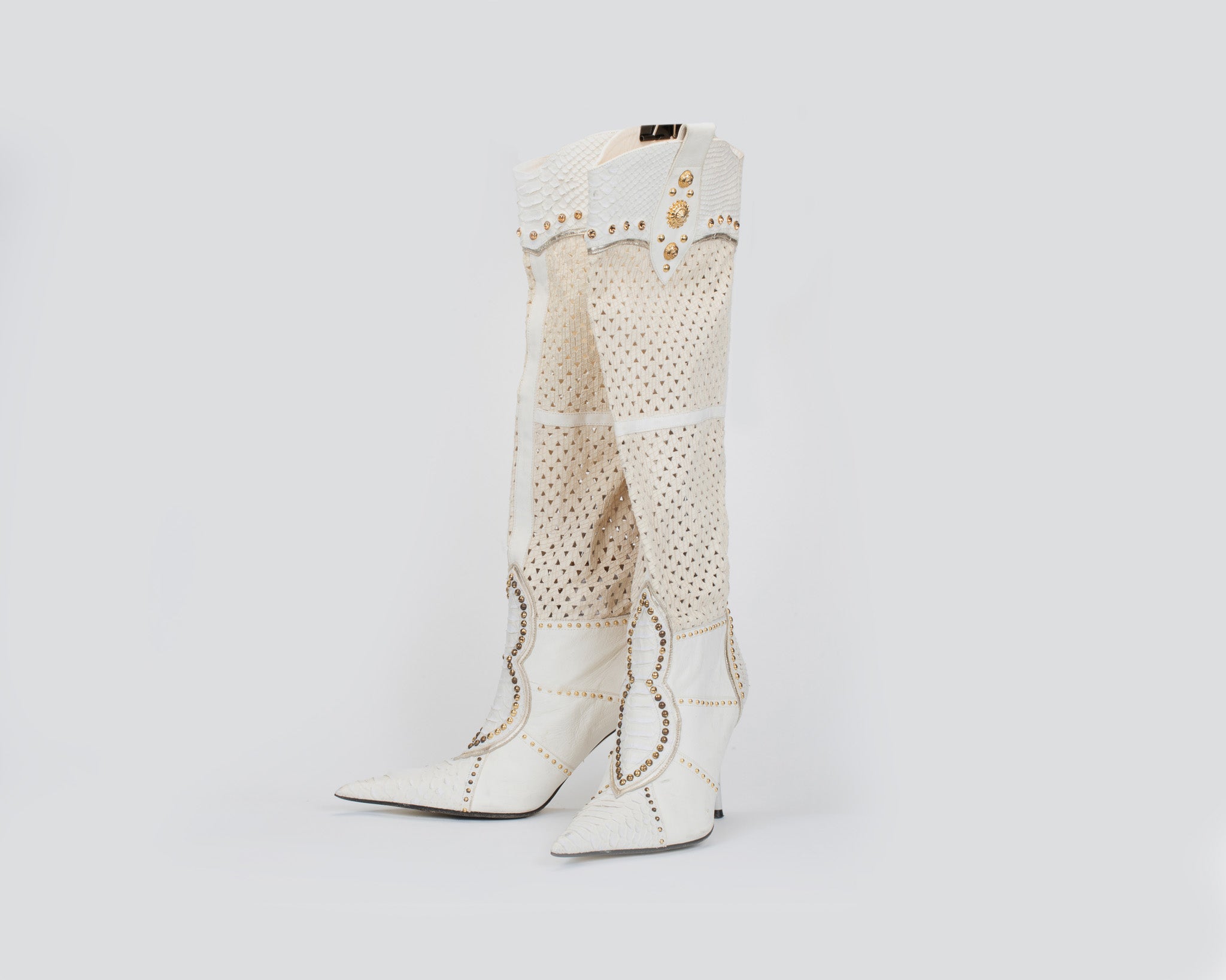 El Dante White And Gold Leather Snake Skin Boots