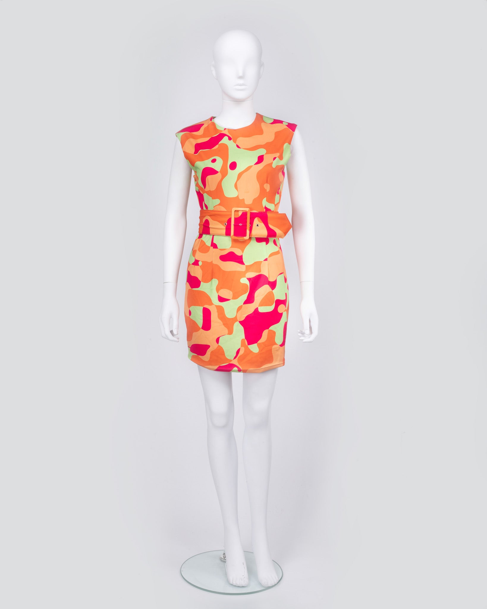 AQAQ Camo Print Orange & Pink Belted Dress