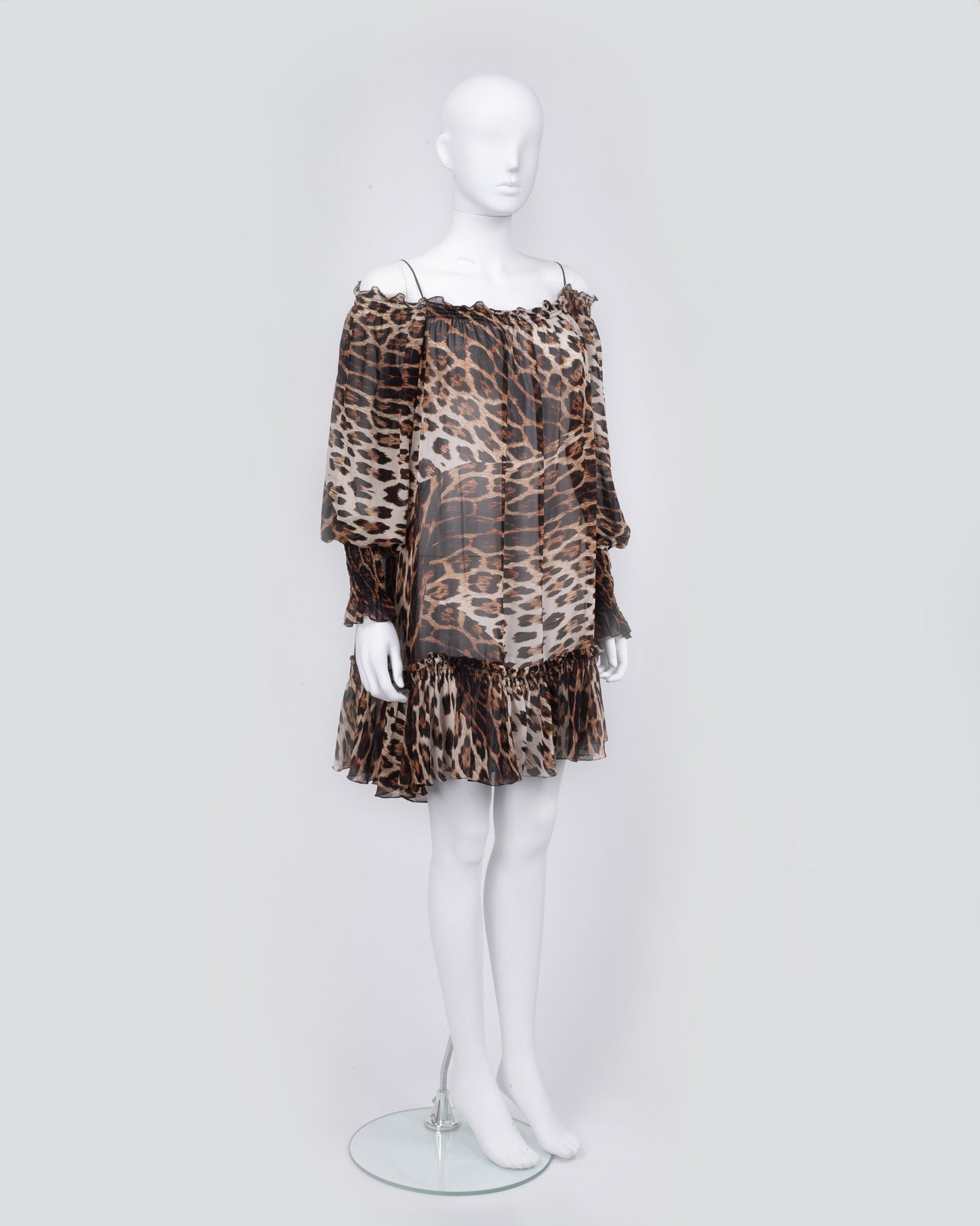 Roberto Cavalli Sheer Leopard Print Off Shoulder Dress