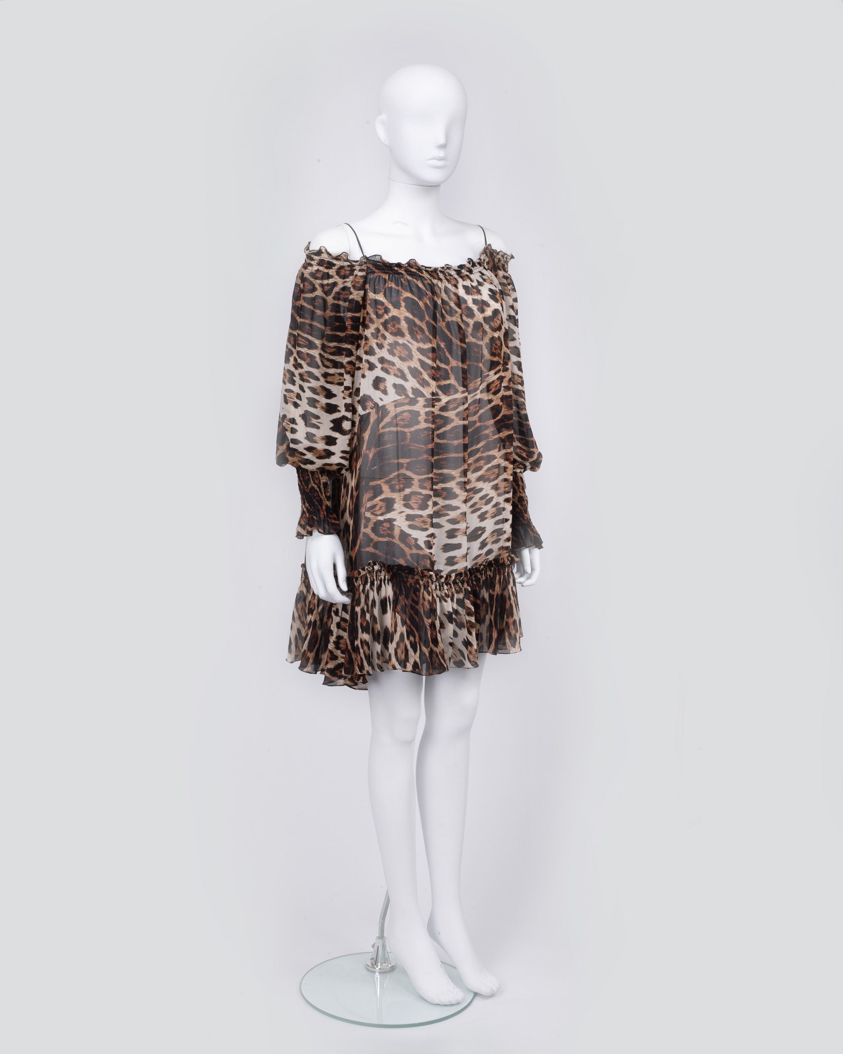 Roberto Cavalli Sheer Leopard Print Off Shoulder Dress