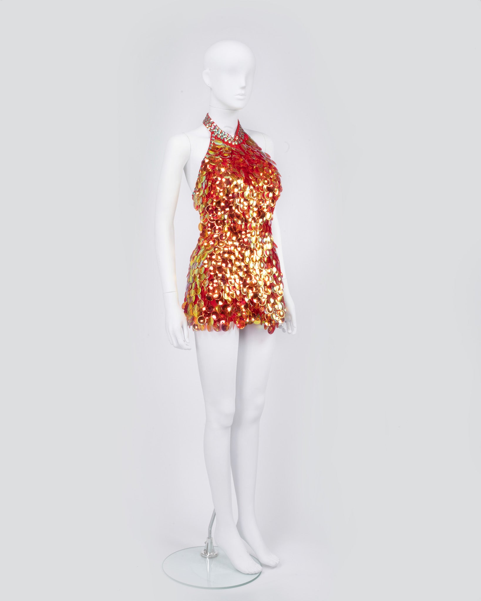 Orange Sequined Halter Mini Dress