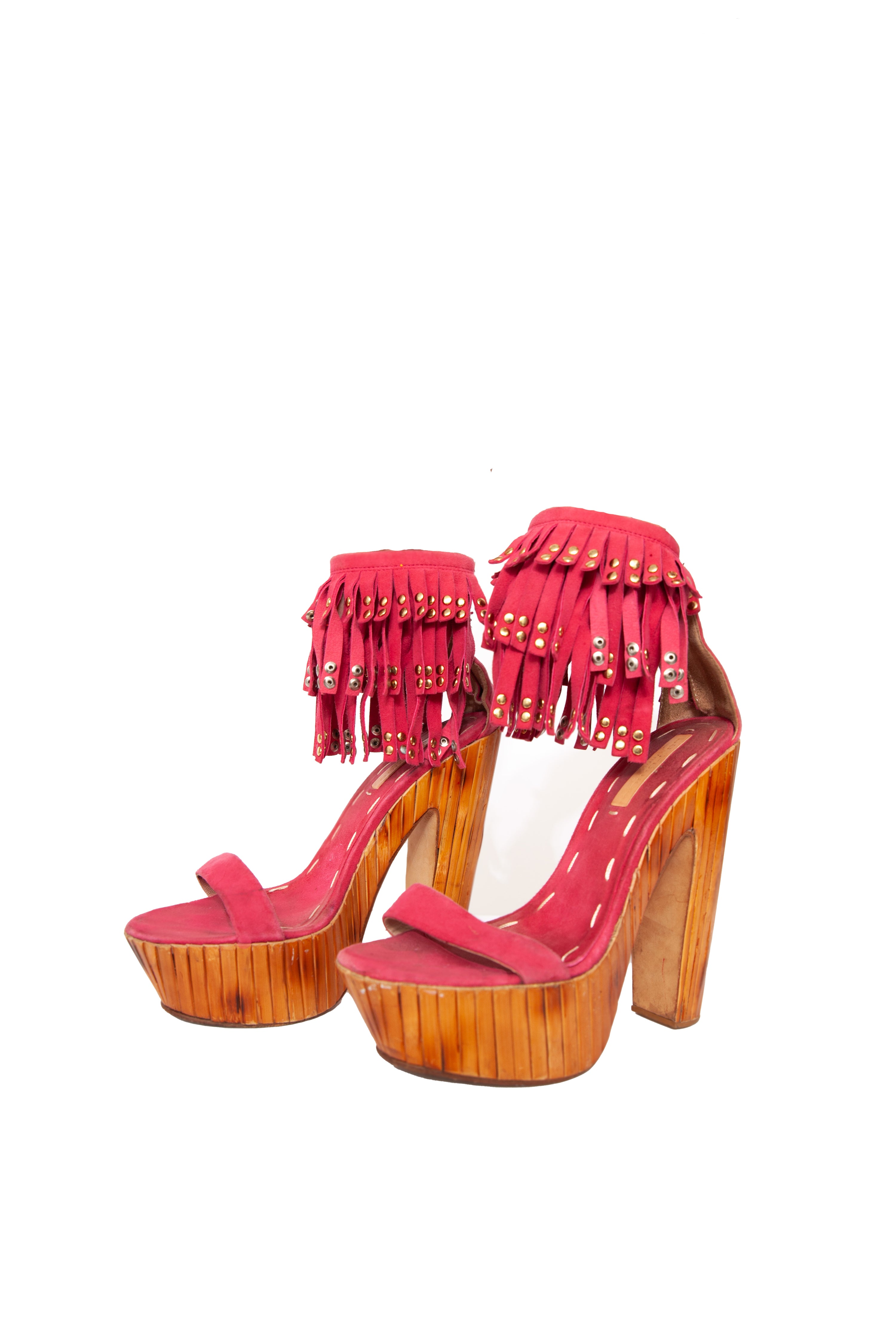 Raspberry Pink Fringe Heels with Bamboo Detail