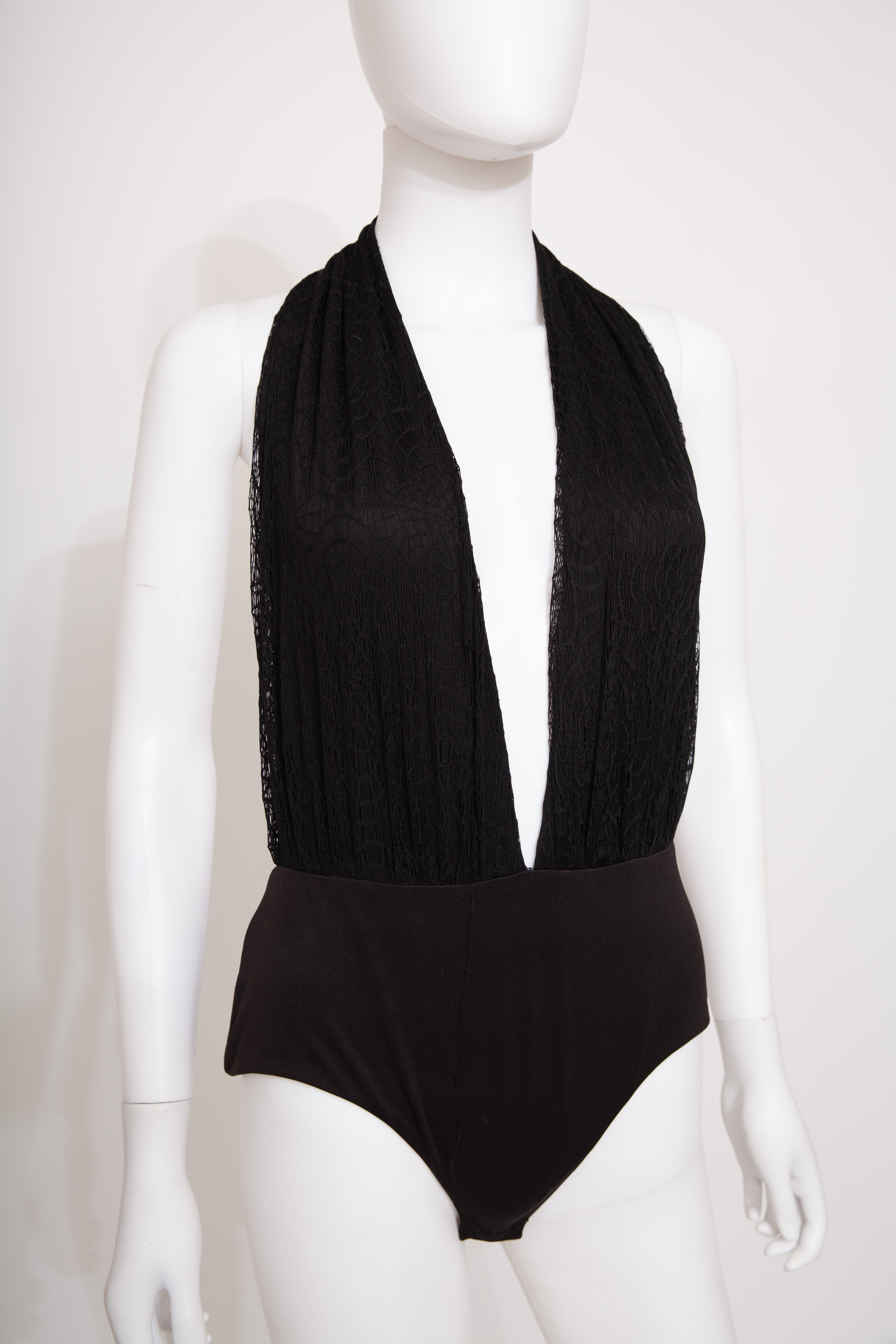 AQAQ Black Plunge Halter Neck Bodysuit Lace layering