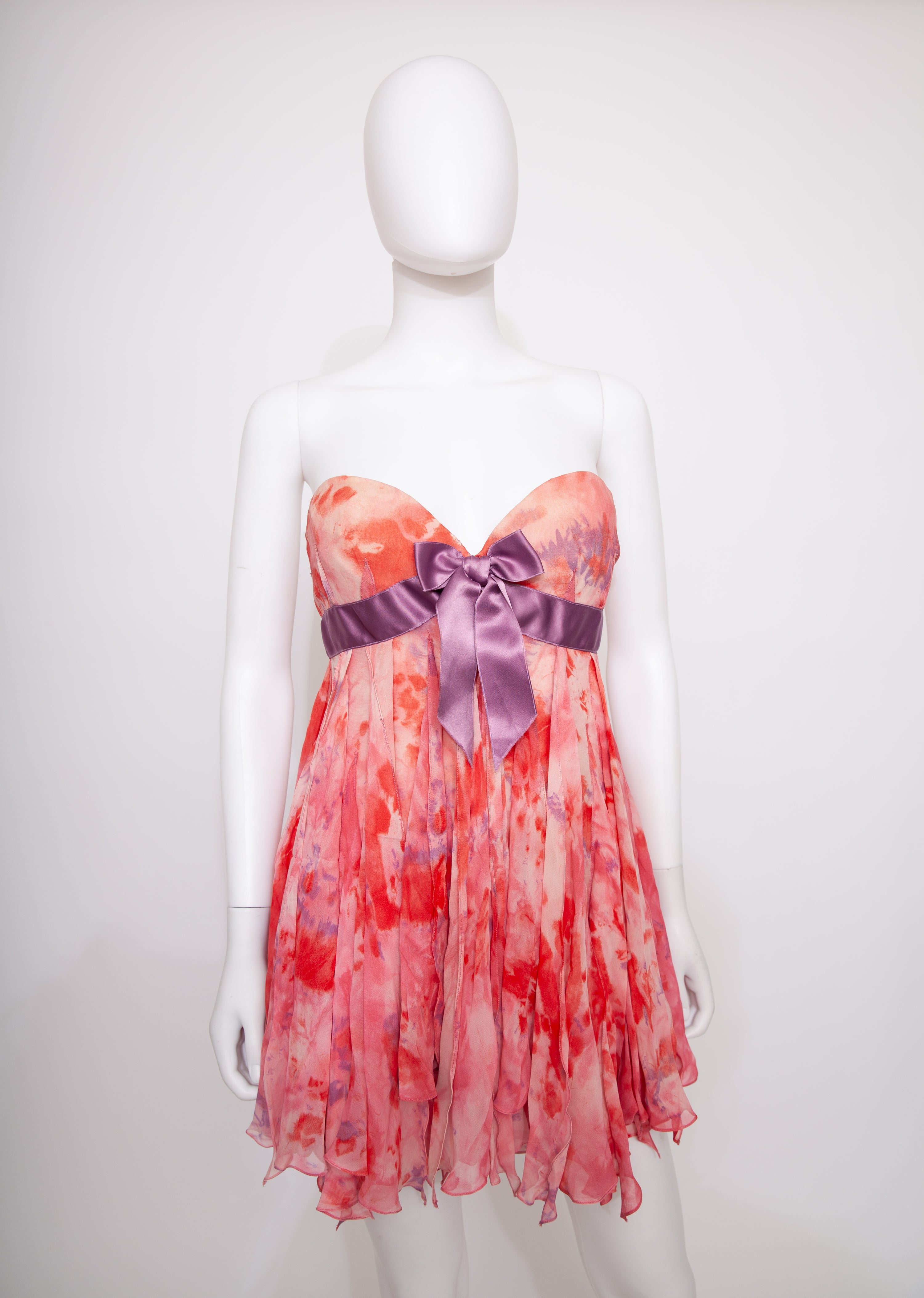 Pink Strapless Corseted Y2K Dress Purple Bow