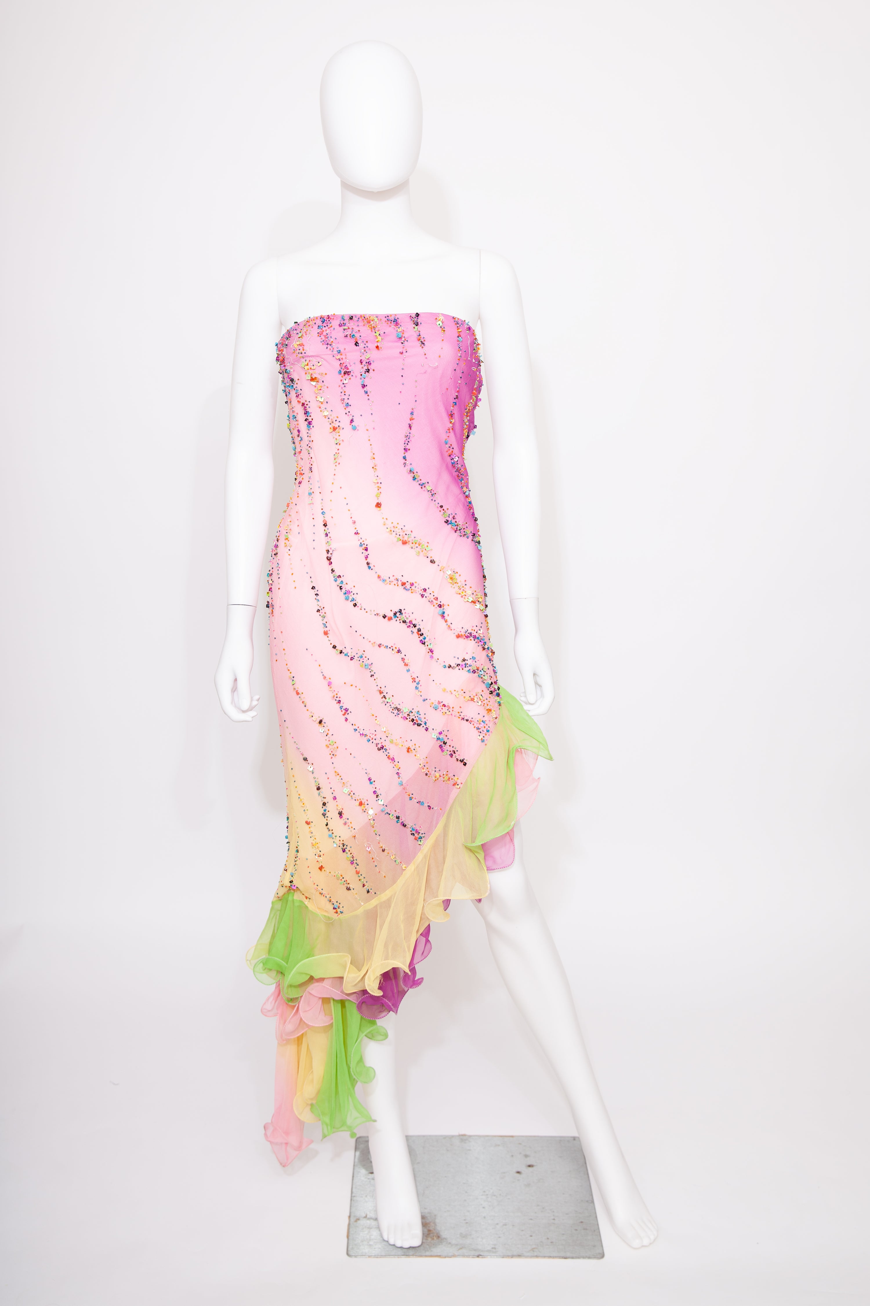 Y2K Long Multi Colour Ruffle Skirt/Dress with beads and sequins