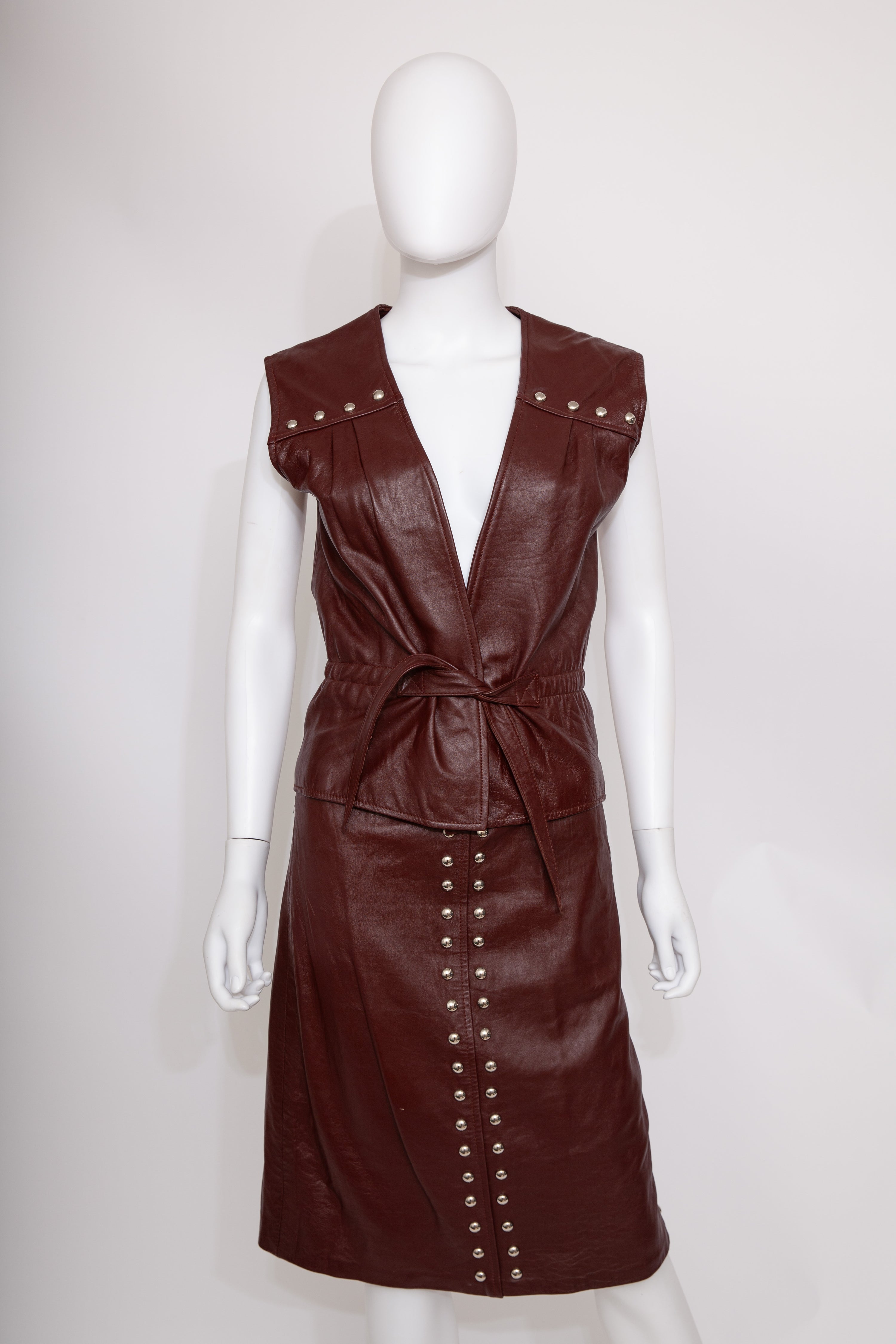 Brown Leather Skirt and Gilet with Silver Studded