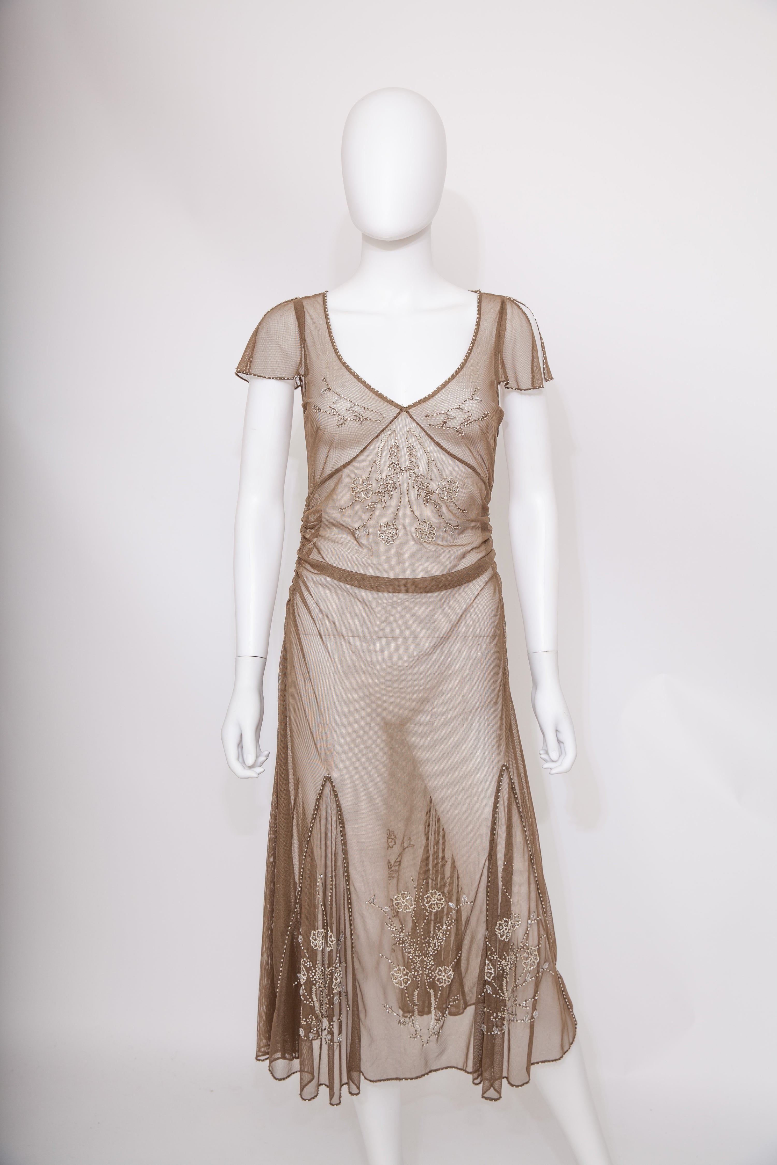 Khaki Sheer Tulle Beaded Dress