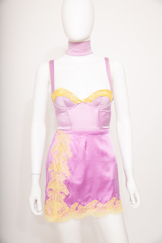 Agent Provocateur Lingeire Bodice and matching skirt with Belt Purple Satin & Yellow Lace