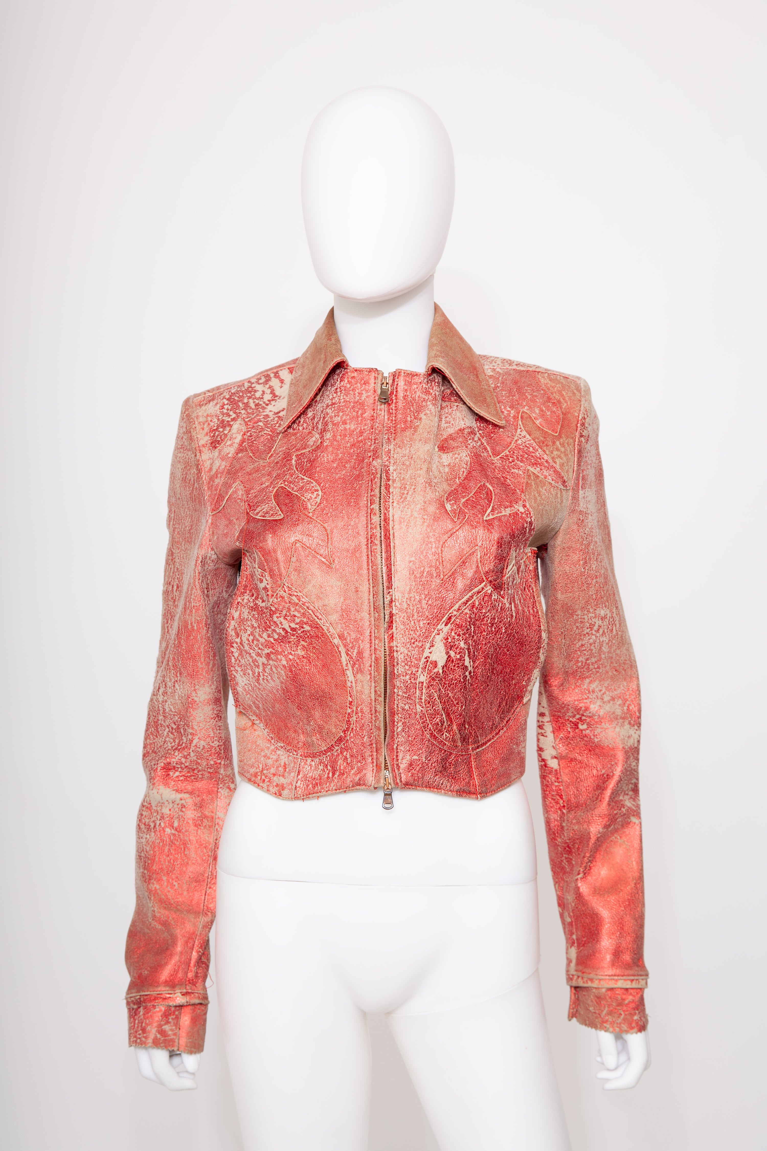 Red Metallic Distressed Leather Vintage Jacket
