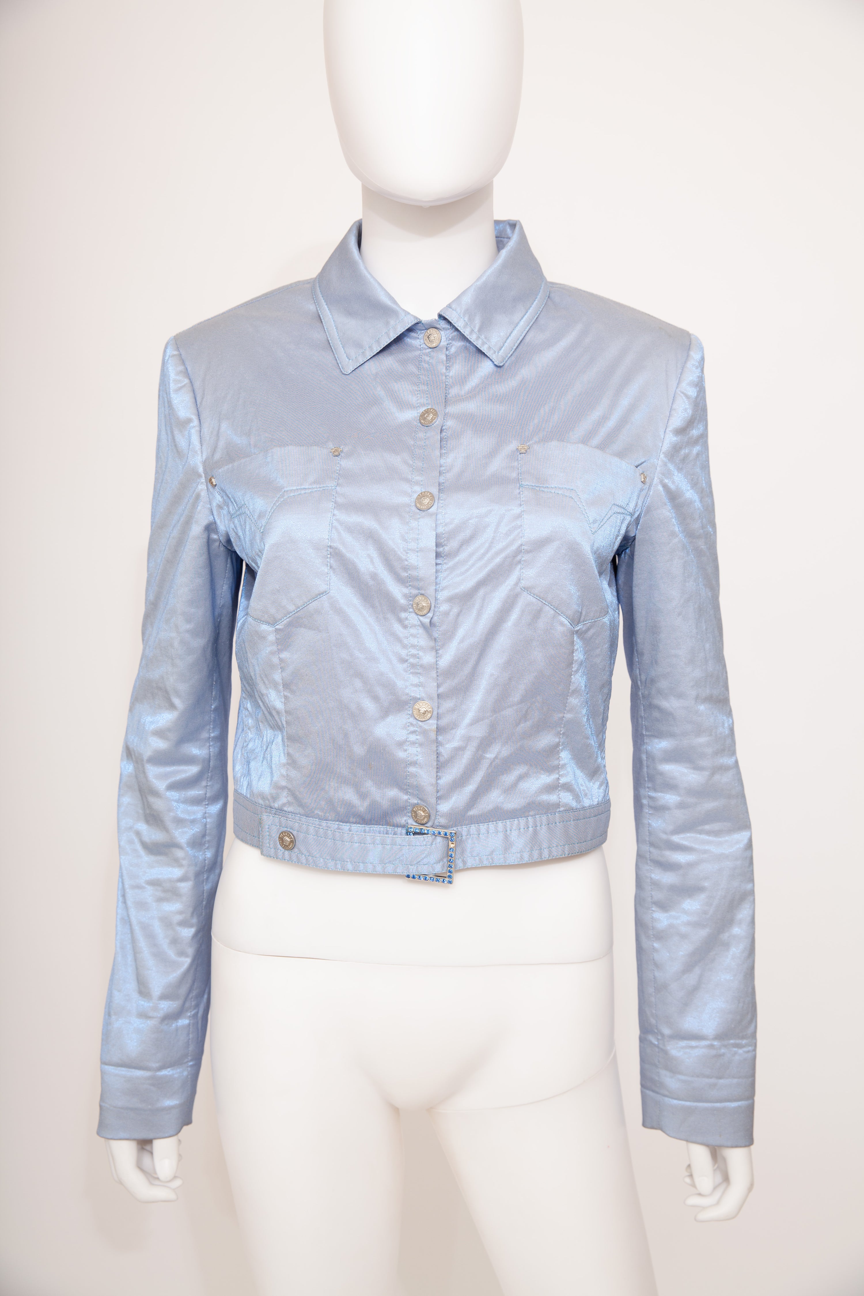 Versace Satin Shiny Blue Vintage Jacket Diamanté Blue Buckle