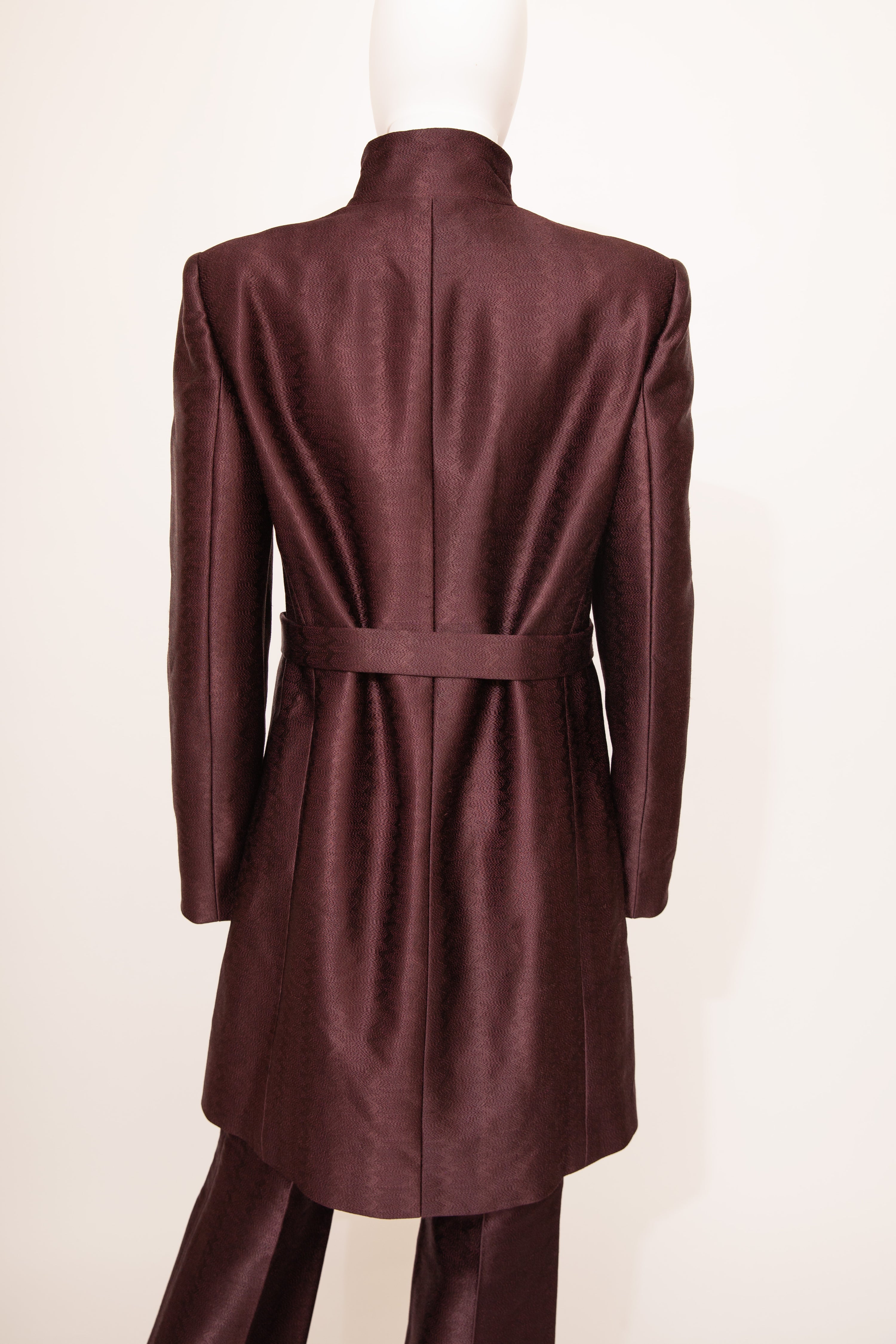 Alexander McQueen F/W 2002 Satin embroidered detail Burgundy Coat & Trousers
