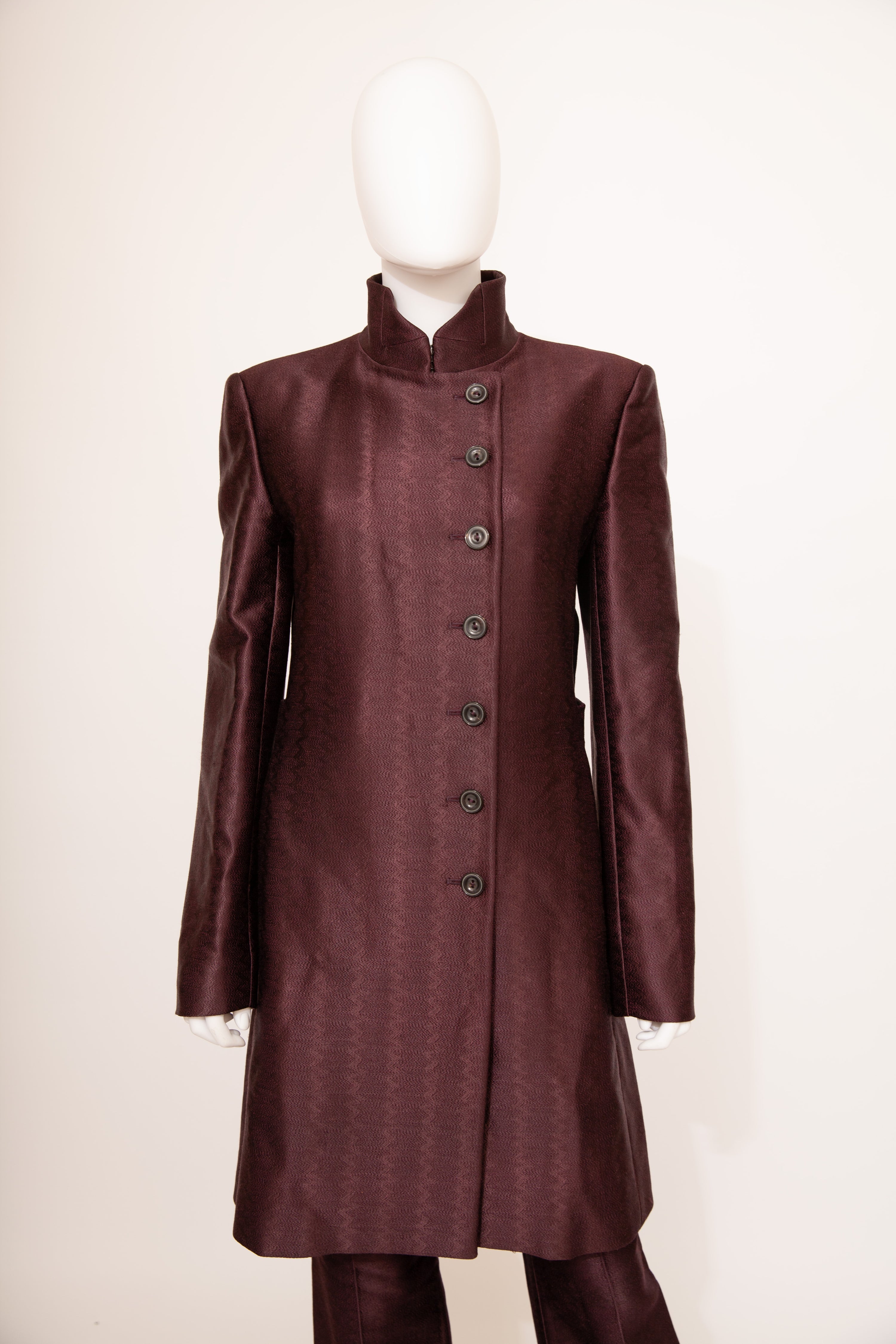 Alexander McQueen F/W 2002 Satin embroidered detail Burgundy Coat & Trousers