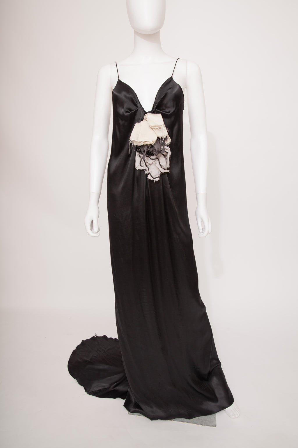 Lanvin Alber Elbaz 2010 Long Train Satin Black Dress Gown fabric flower