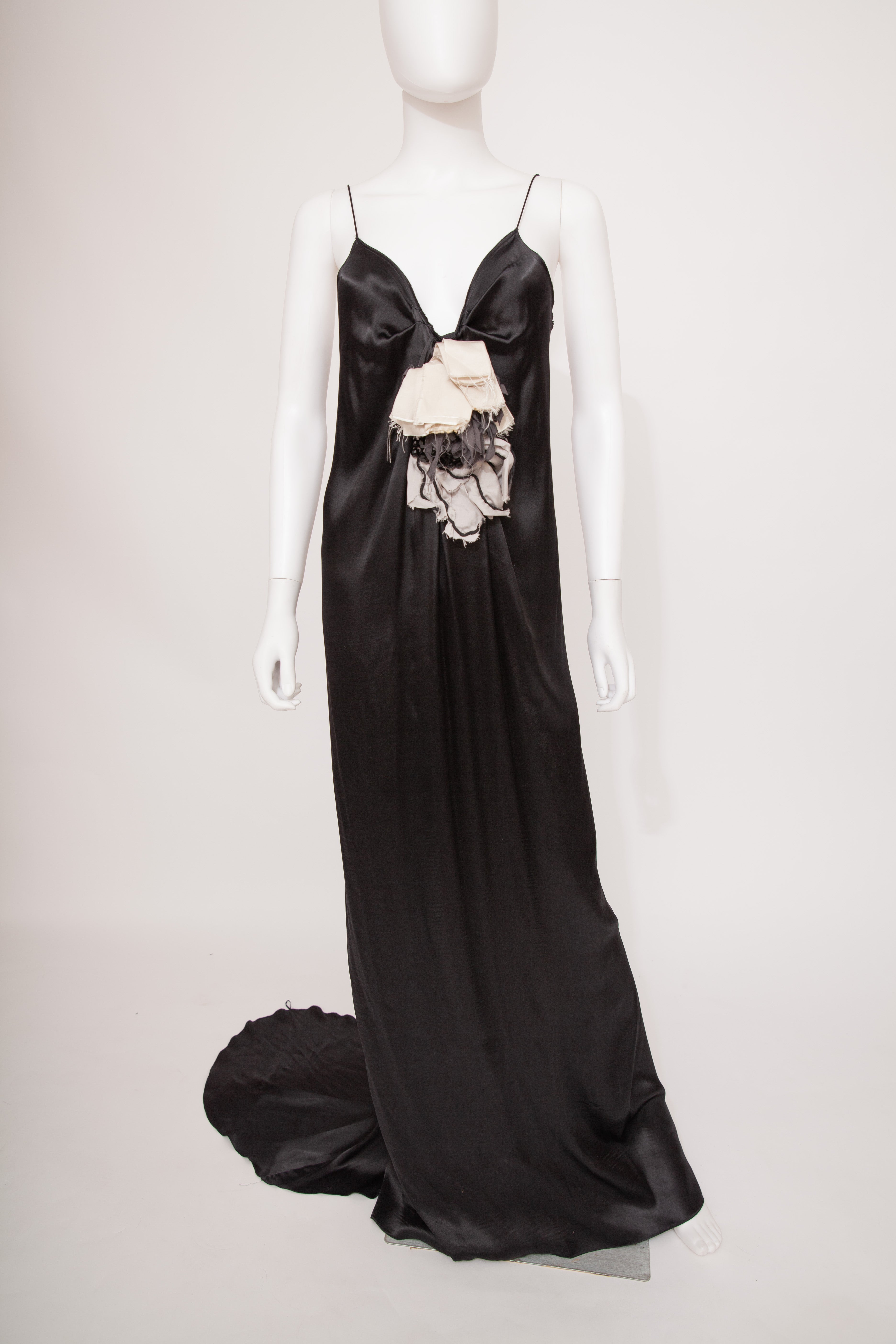 Lanvin Alber Elbaz 2010 Long Train Satin Black Dress Gown fabric flower