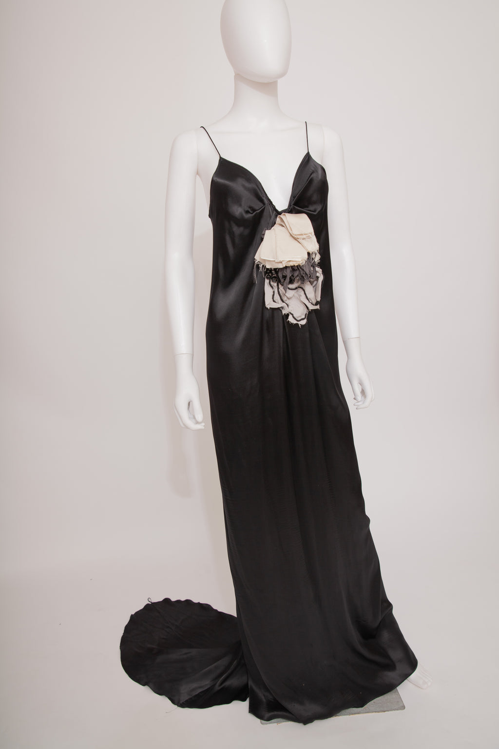 Lanvin Alber Elbaz 2010 Long Train Satin Black Dress Gown fabric flower