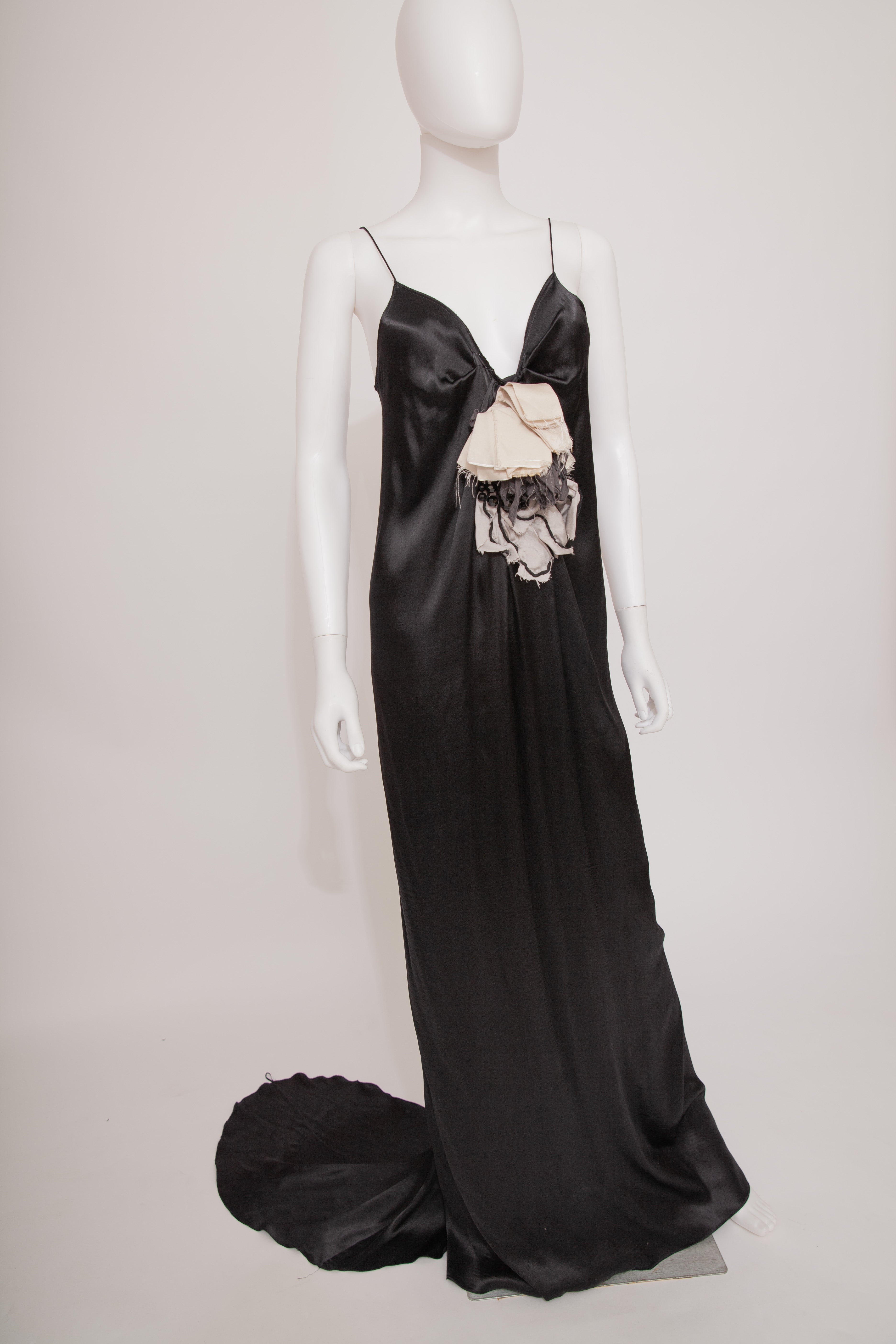 Lanvin Alber Elbaz 2010 Long Train Satin Black Dress Gown fabric flower