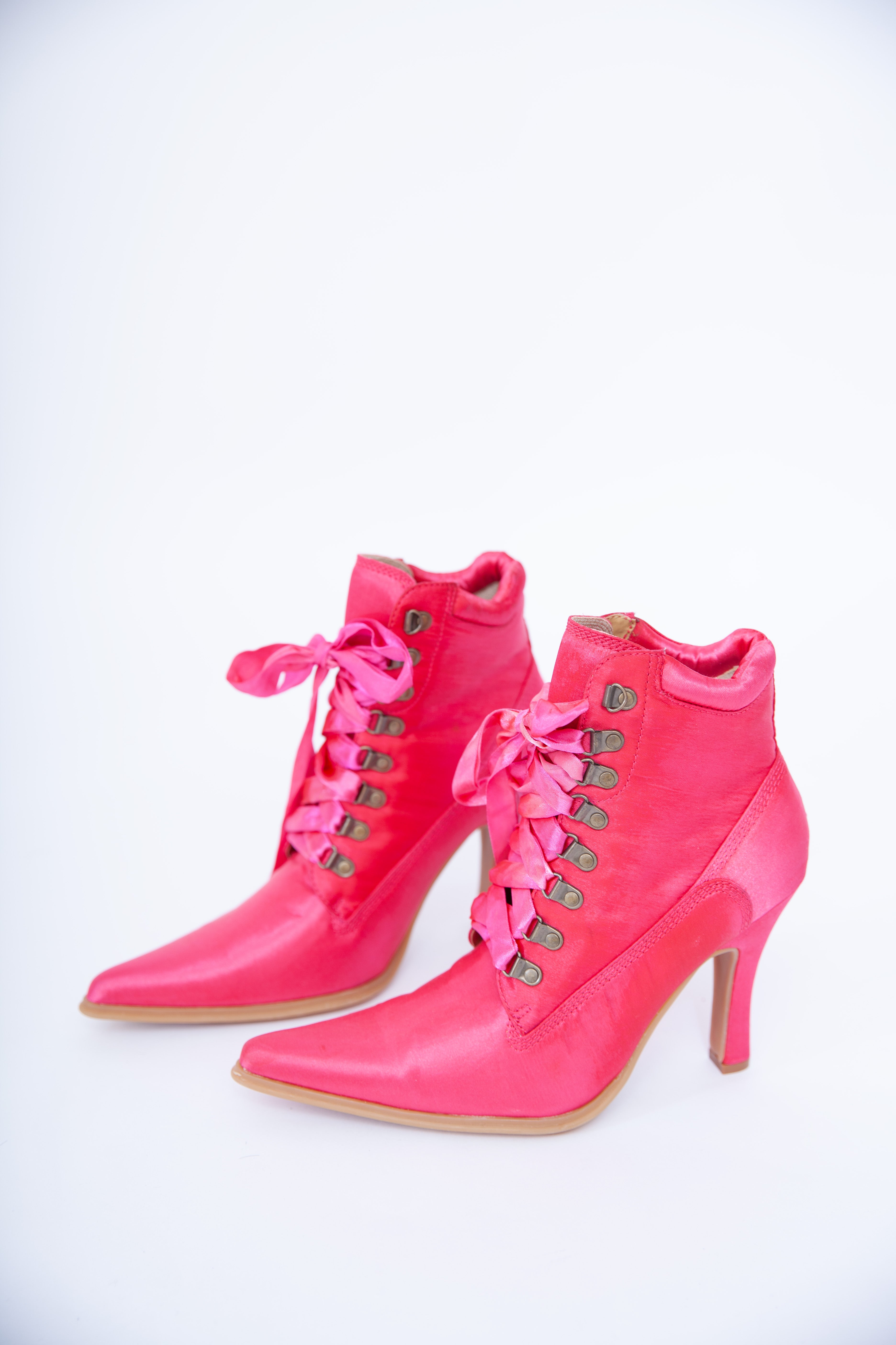 Pink Satin Victorian-Style Lace-Up Heels