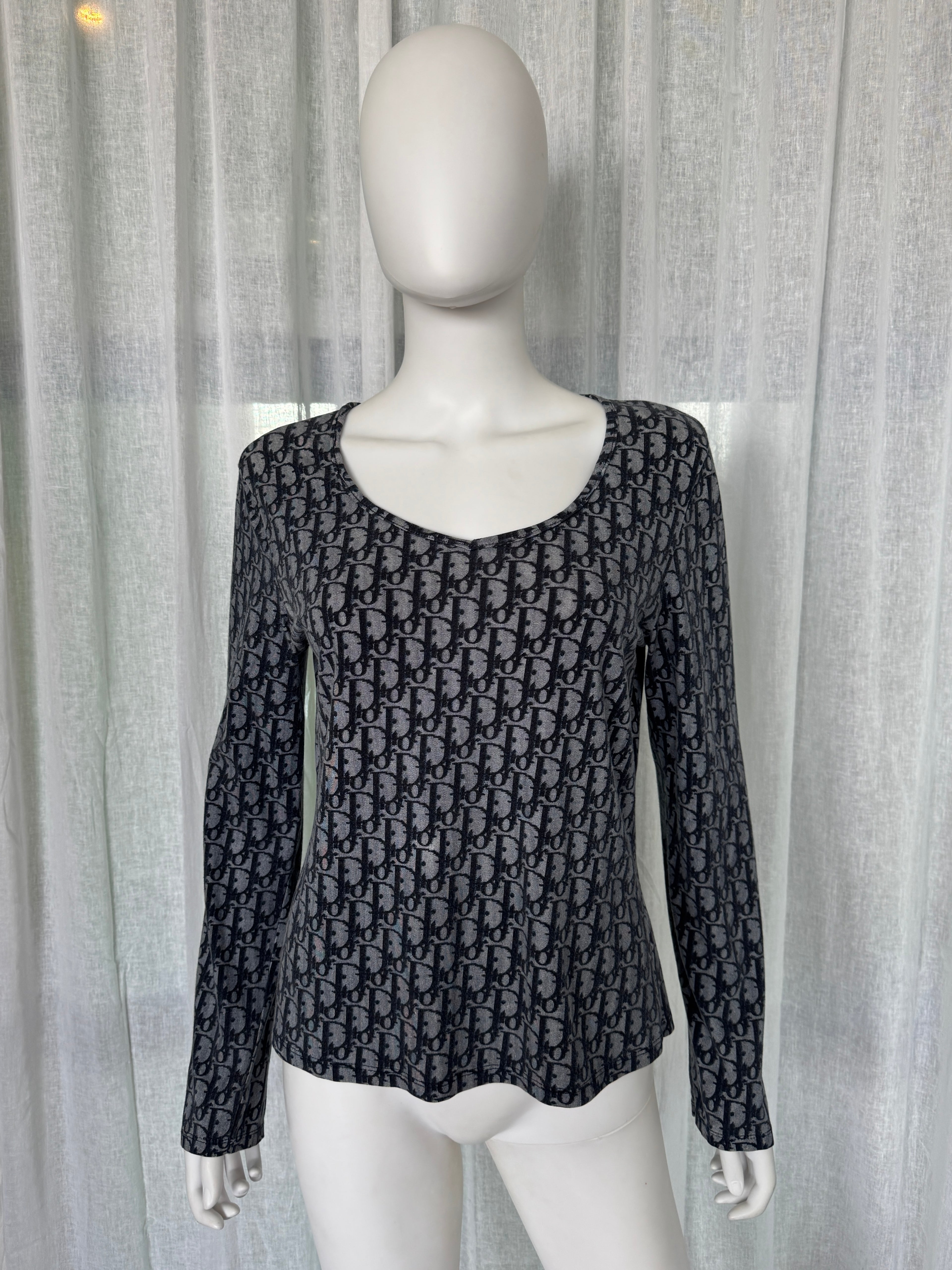 Christian Dior Galliano Era Blue Monogram Long Sleeve Top Vintage Dior
