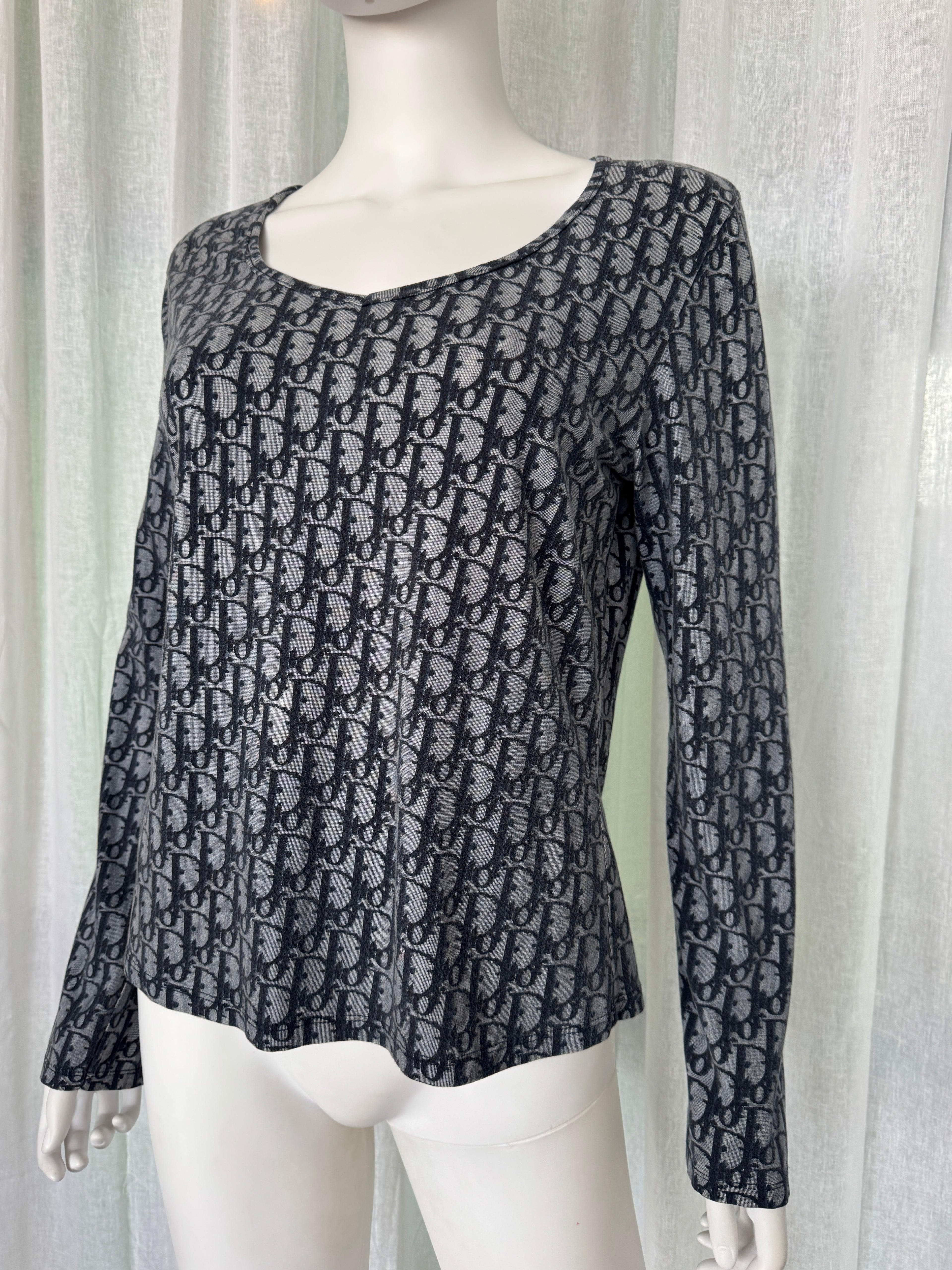 Christian Dior Galliano Era Blue Monogram Long Sleeve Top Vintage Dior