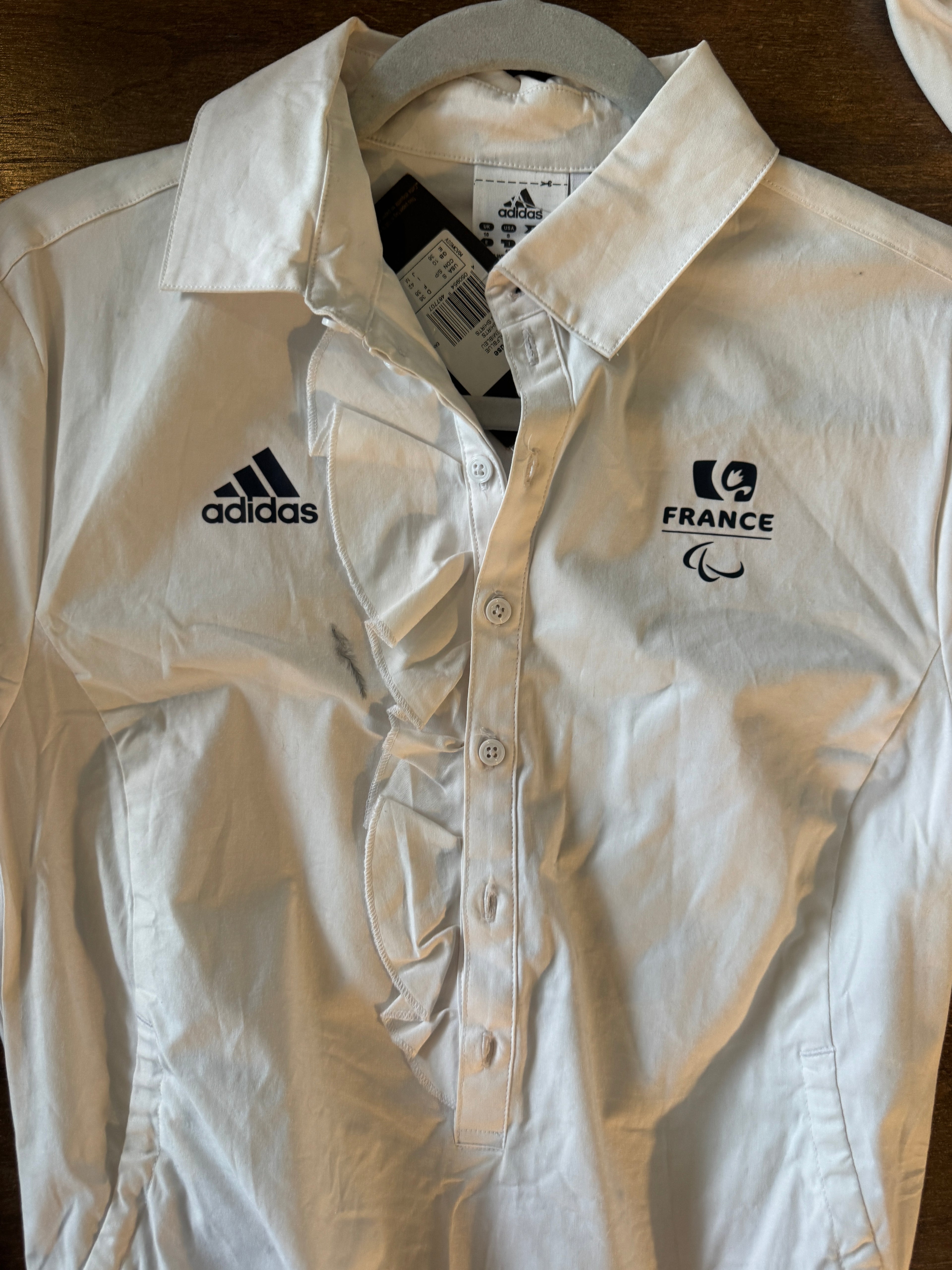 Adidas France / French Olympics White Shirt Ruffle Collar & drawstring details Super Unique