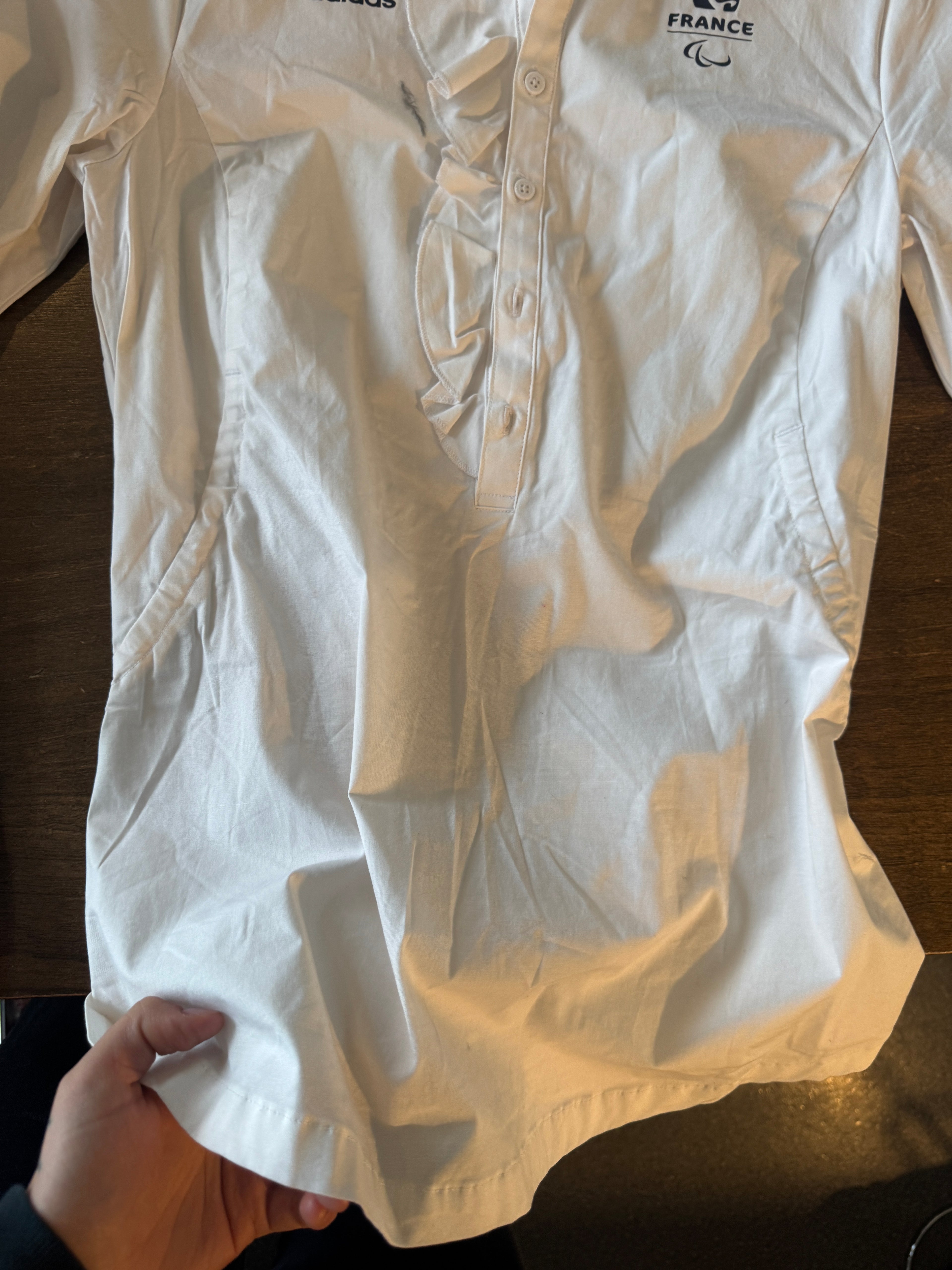 Adidas France / French Olympics White Shirt Ruffle Collar & drawstring details Super Unique