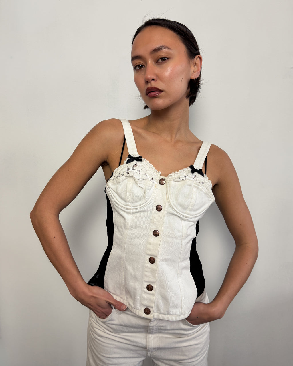 RARE Jean-Paul Gaultier Junior Late 80s Denim Corset Bustier with Lace Panels