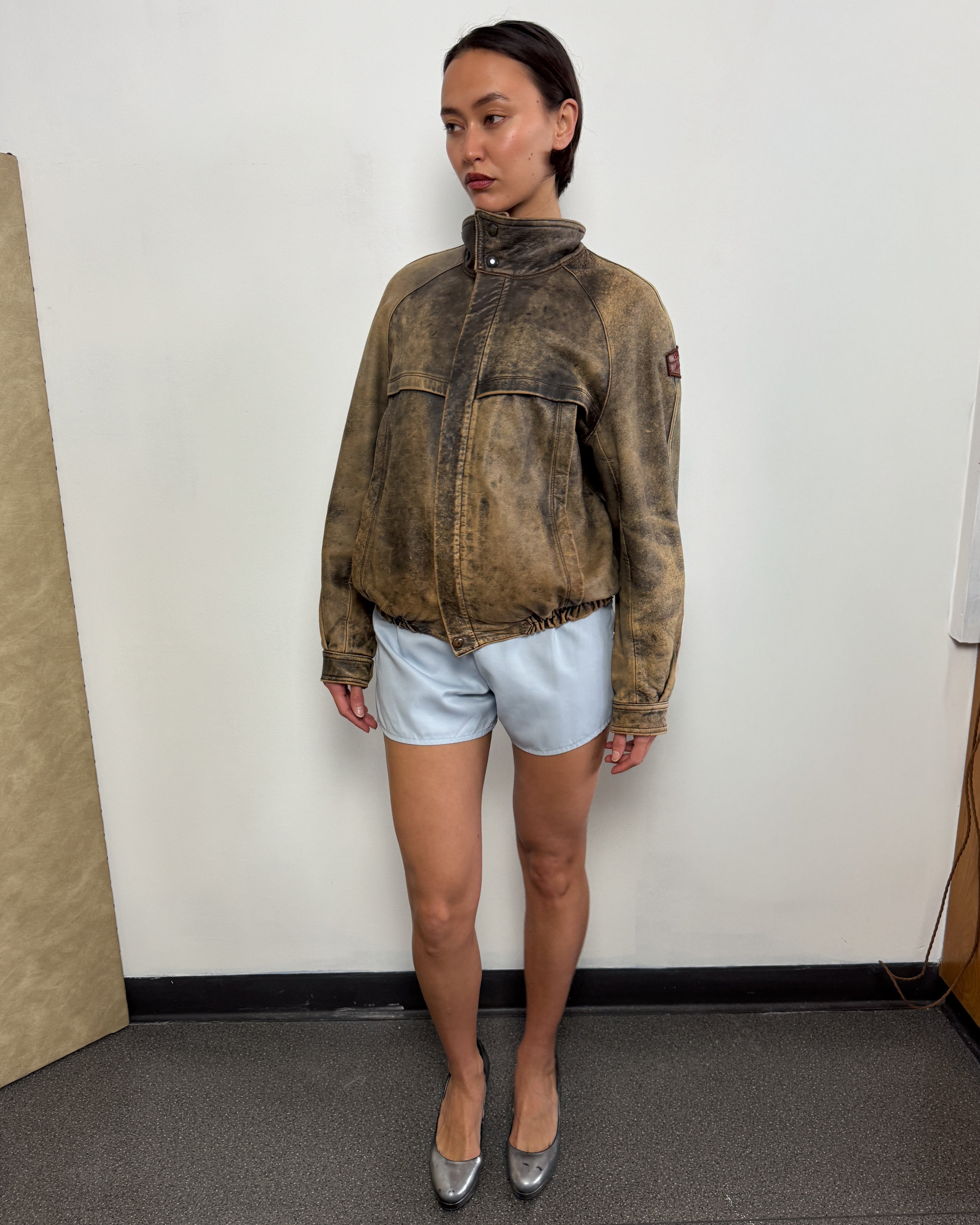 Distressed oversized vintage brown leather jacket