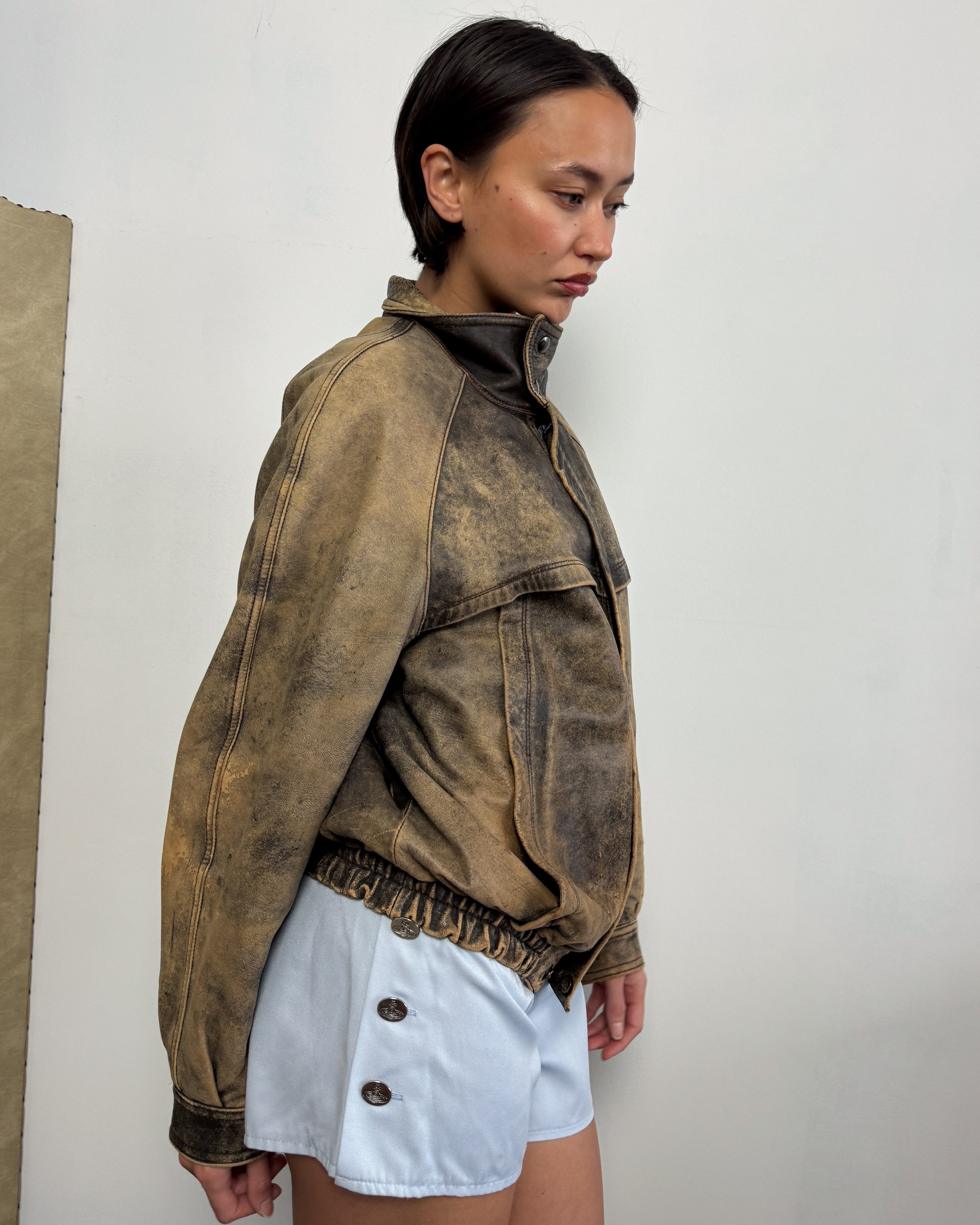 Distressed oversized vintage brown leather jacket