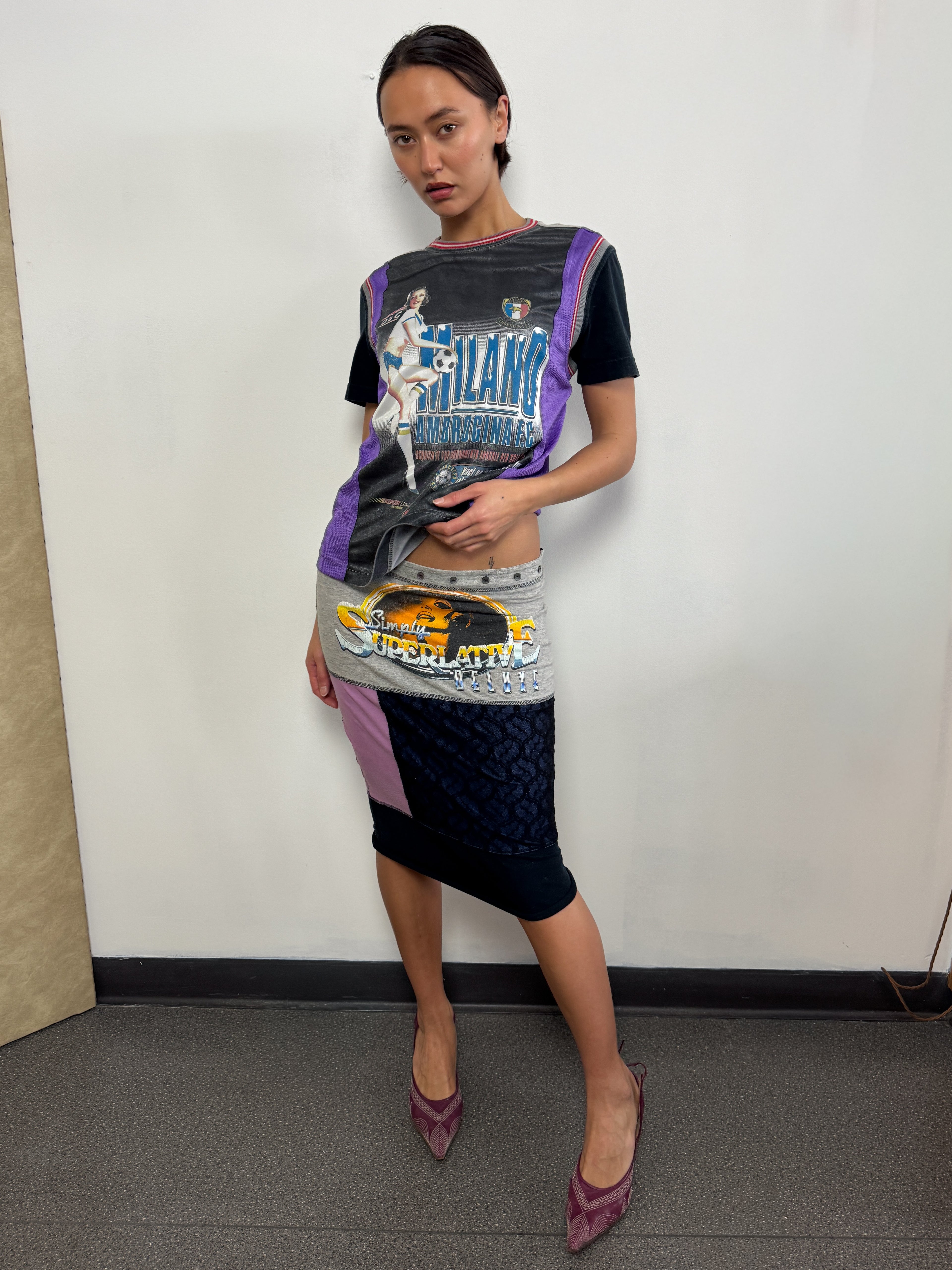 Dolce & Gabbana (D&G) RARE multicoloured jersey patchwork two piece skirt set