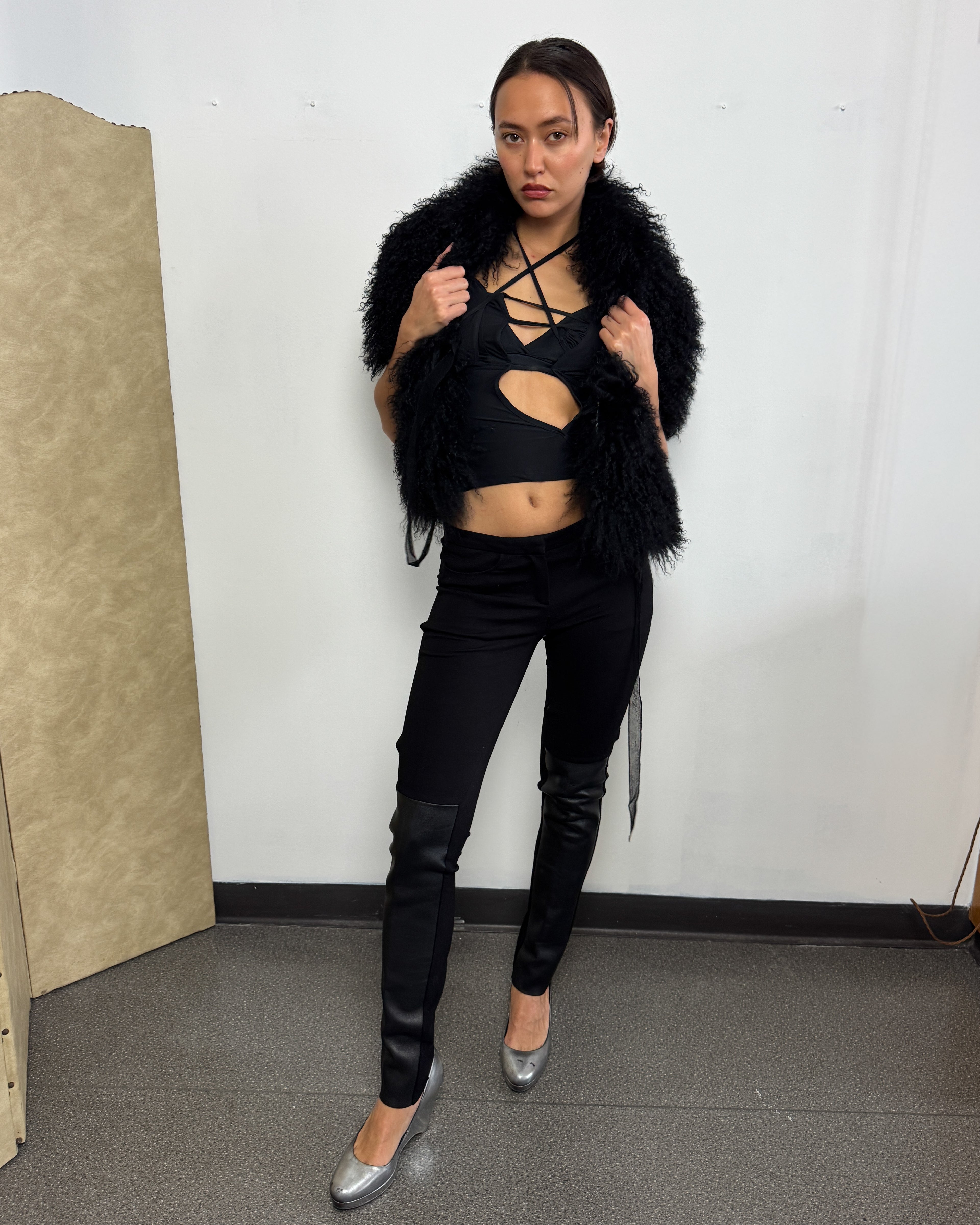 Costume National Black Skinny Trousers with Leather Panel Detail