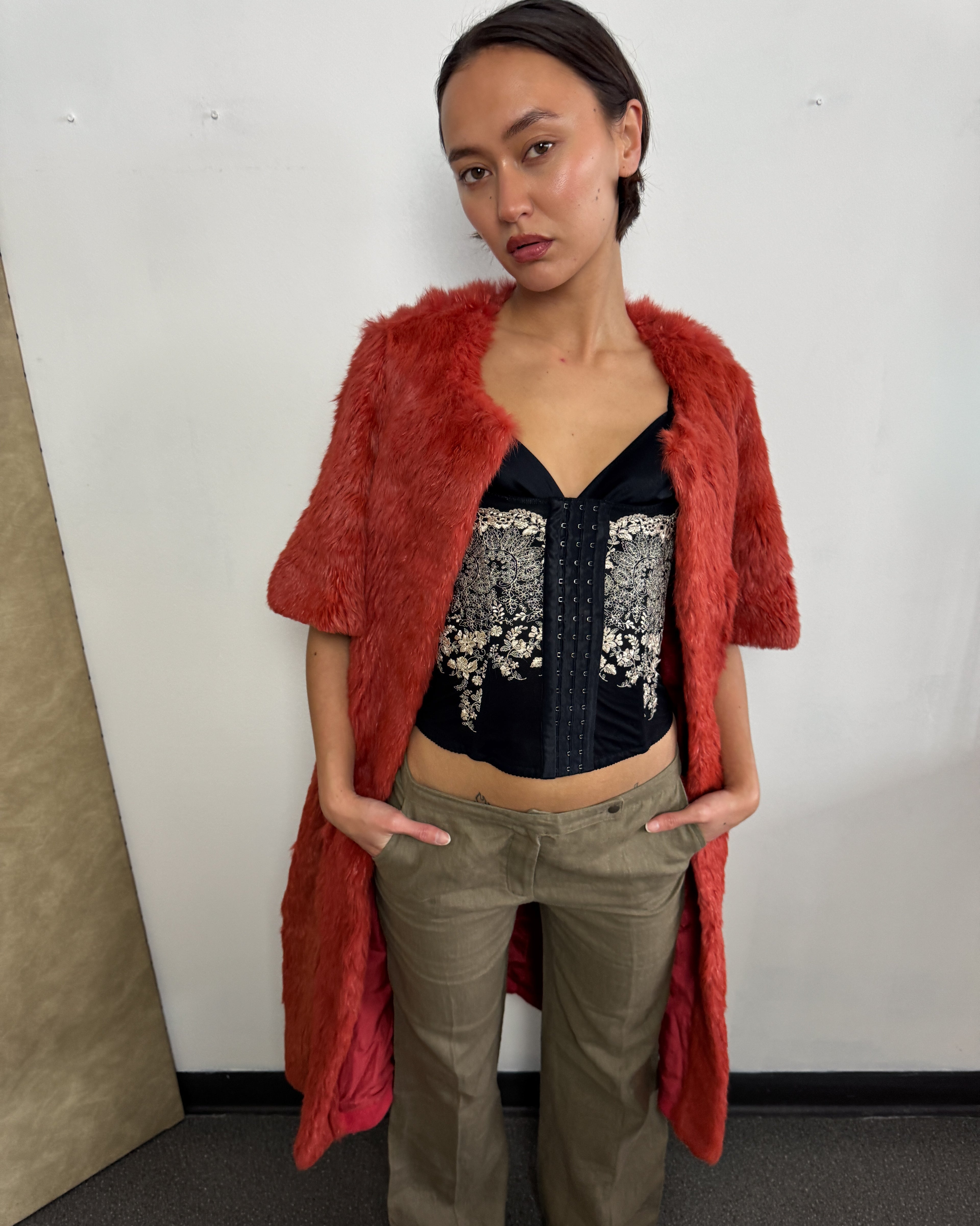 Louis Vuitton Short Sleeve Fur Long Orange Coat