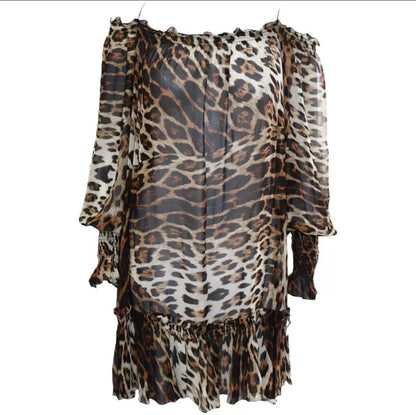 Roberto Cavalli x H&M Silk Boho Leopard Shift Animal Off Shoulder Dress