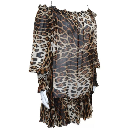 Roberto Cavalli x H&M Silk Boho Leopard Shift Animal Off Shoulder Dress