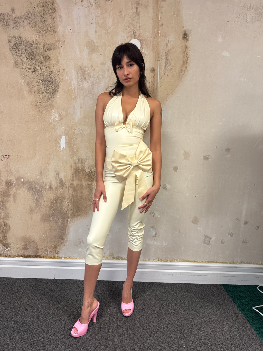 Cream Latex Two-Piece Set with Bow Detail