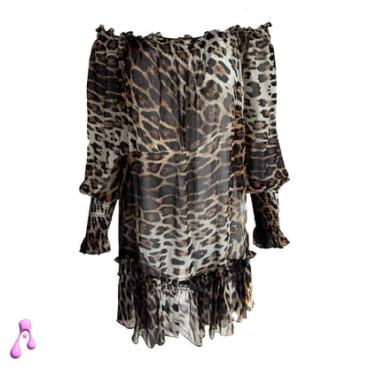 Roberto Cavalli x H&M Silk Boho Leopard Shift Animal Off Shoulder Dress