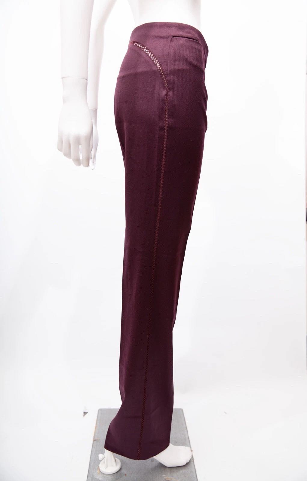 Alexander McQueen Burgendy Tailored Trouser Straight faggoting detail 42 Vintage